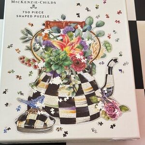 MacKenzie-Childs Floral Teapot Puzzle with Black and White Checks